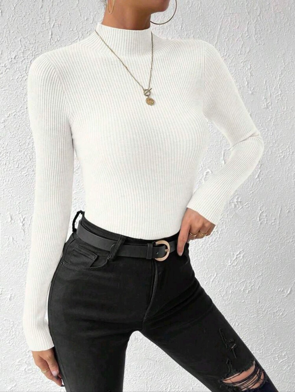 SHEIN Ribbed Mock Neck Sweater